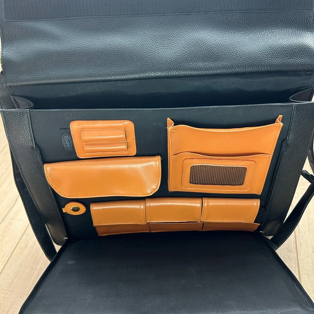 Black and Tan Leather Briefcase with Shoulder Strap